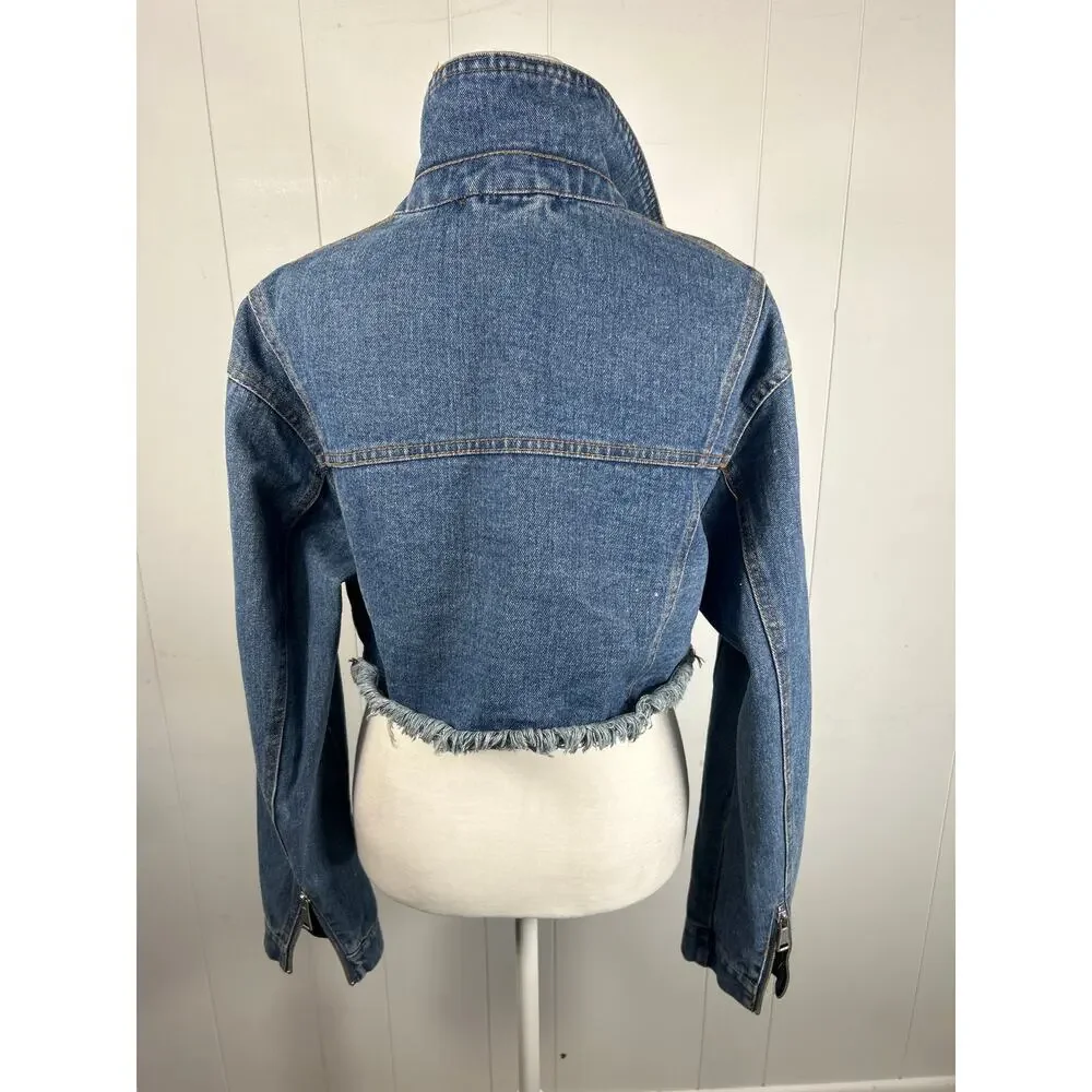 AKIRA Cropped Denim Jacket Raw Hem Distressed Patchwork Blue Jean Jacket SIZE M
